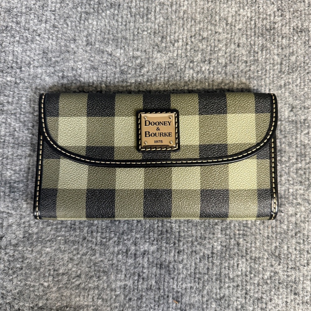 Dooney & Bourke Coated Continental Clutch Wallet Olive Green Plaid Snap Closure